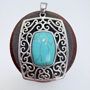 VTG Solid Sterling Silver 925 Turquoise Resin Scroll Design Statement Pendant 2"